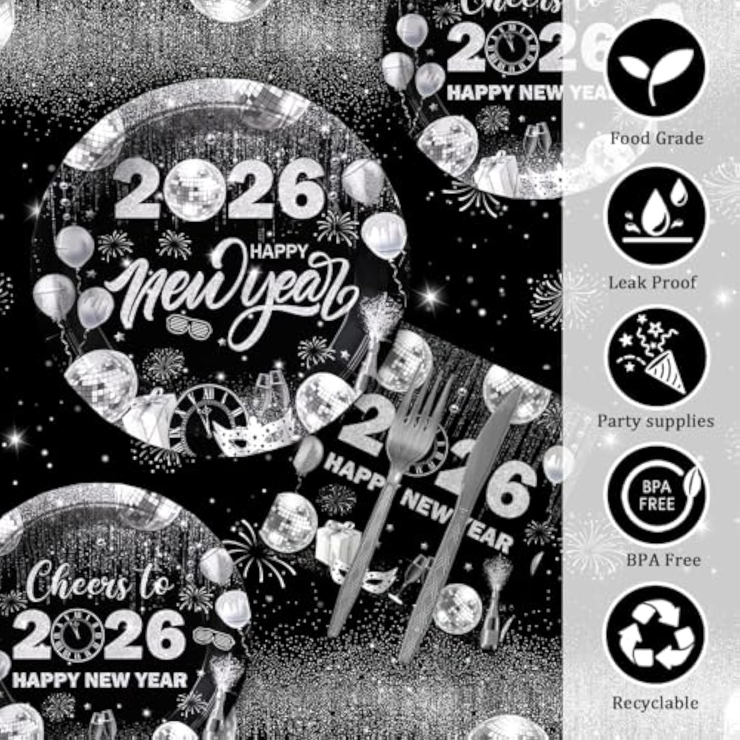 194pcs Black Silver New Year 2026 Party Tableware for 24 Guests