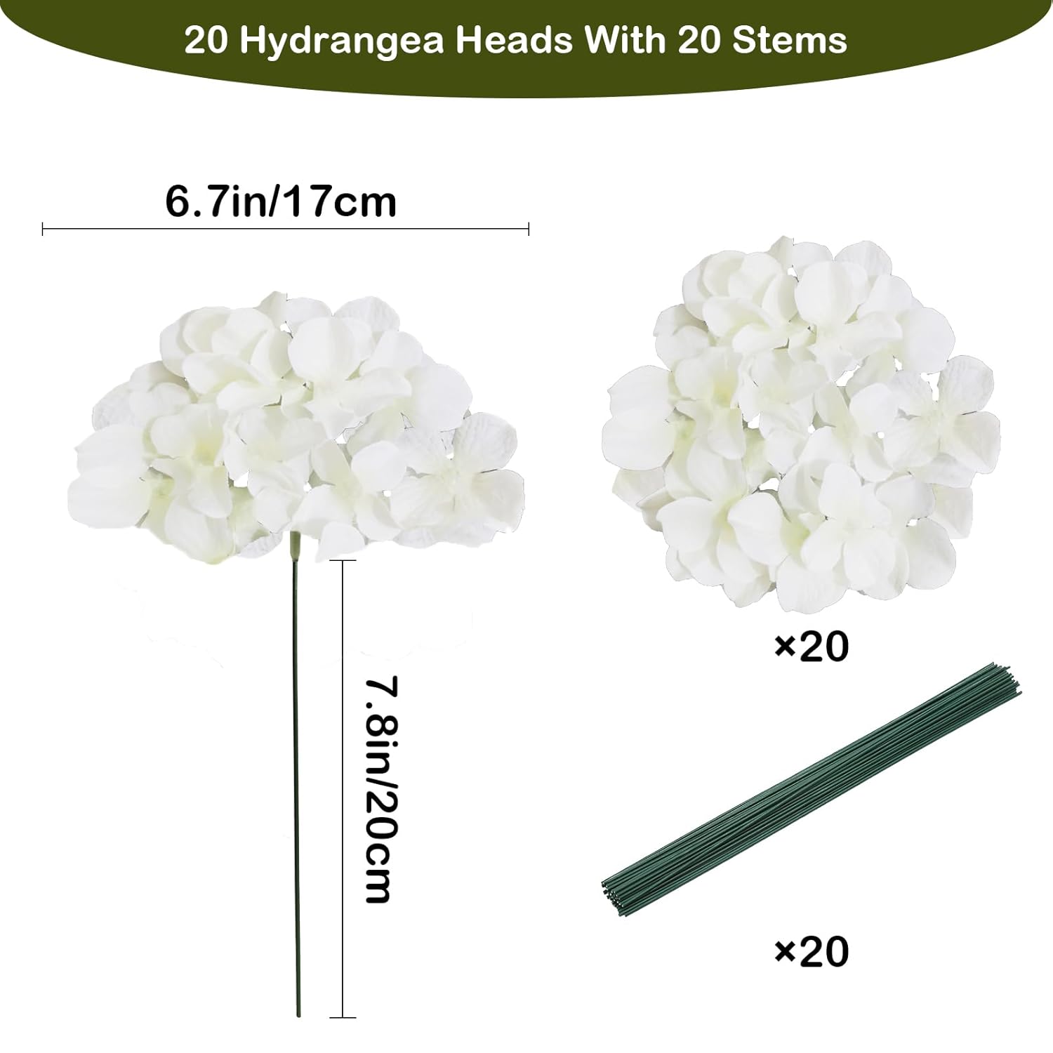 20 Pcs White Hydrangea Artificial Flowers Bulk, Faux Hydrangea Flowers Heads, Artificial Fake Silk Hydrangea Flowers With Stems, White Flowers Artificial For Decoration Wedding Décor