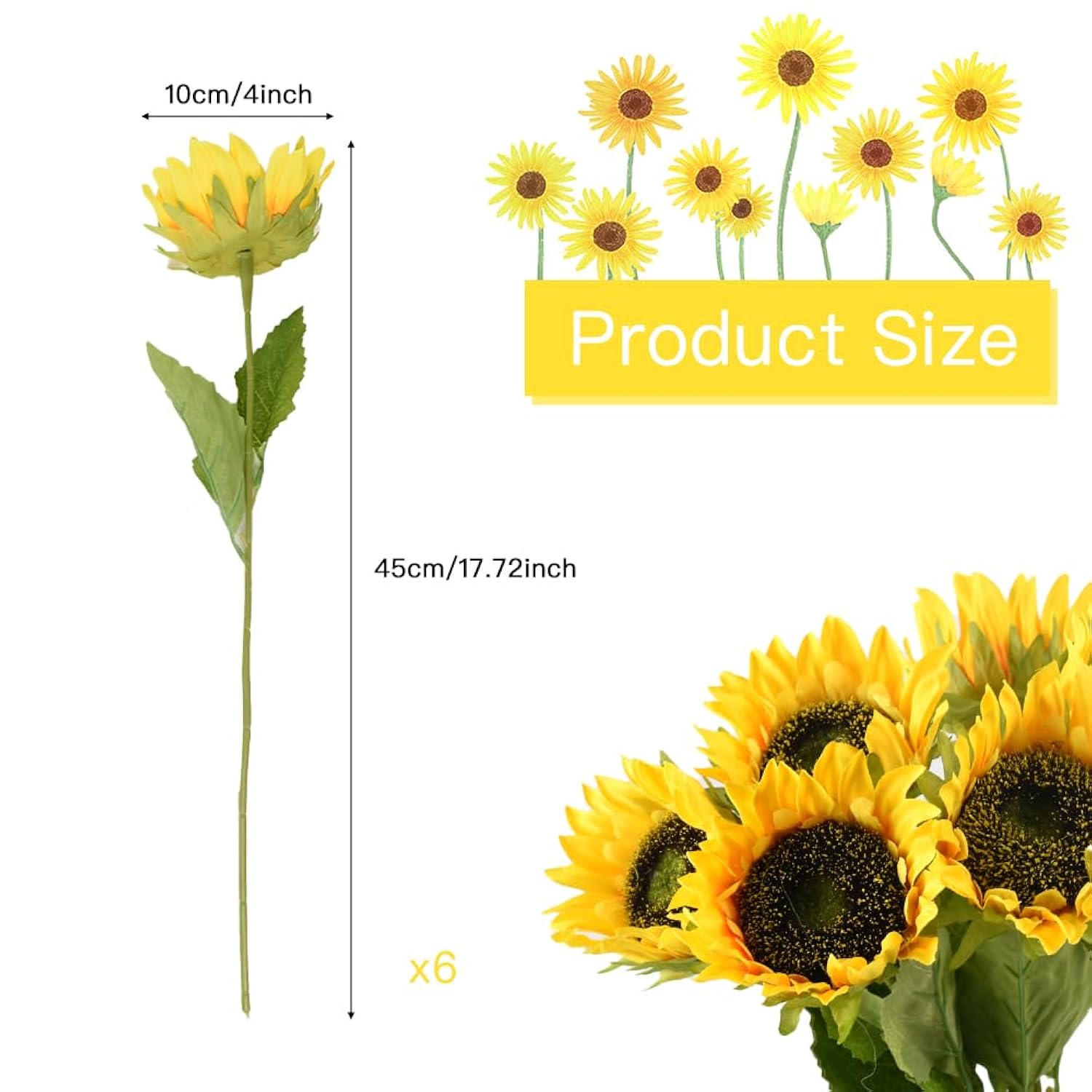 Artificial Sunflower Stem 6Pcs, Fake Sunflower Flowers Long Stem Silk Sunflowers Decoration For Vase Bouquet Centerpiece Outdoor Home Wedding