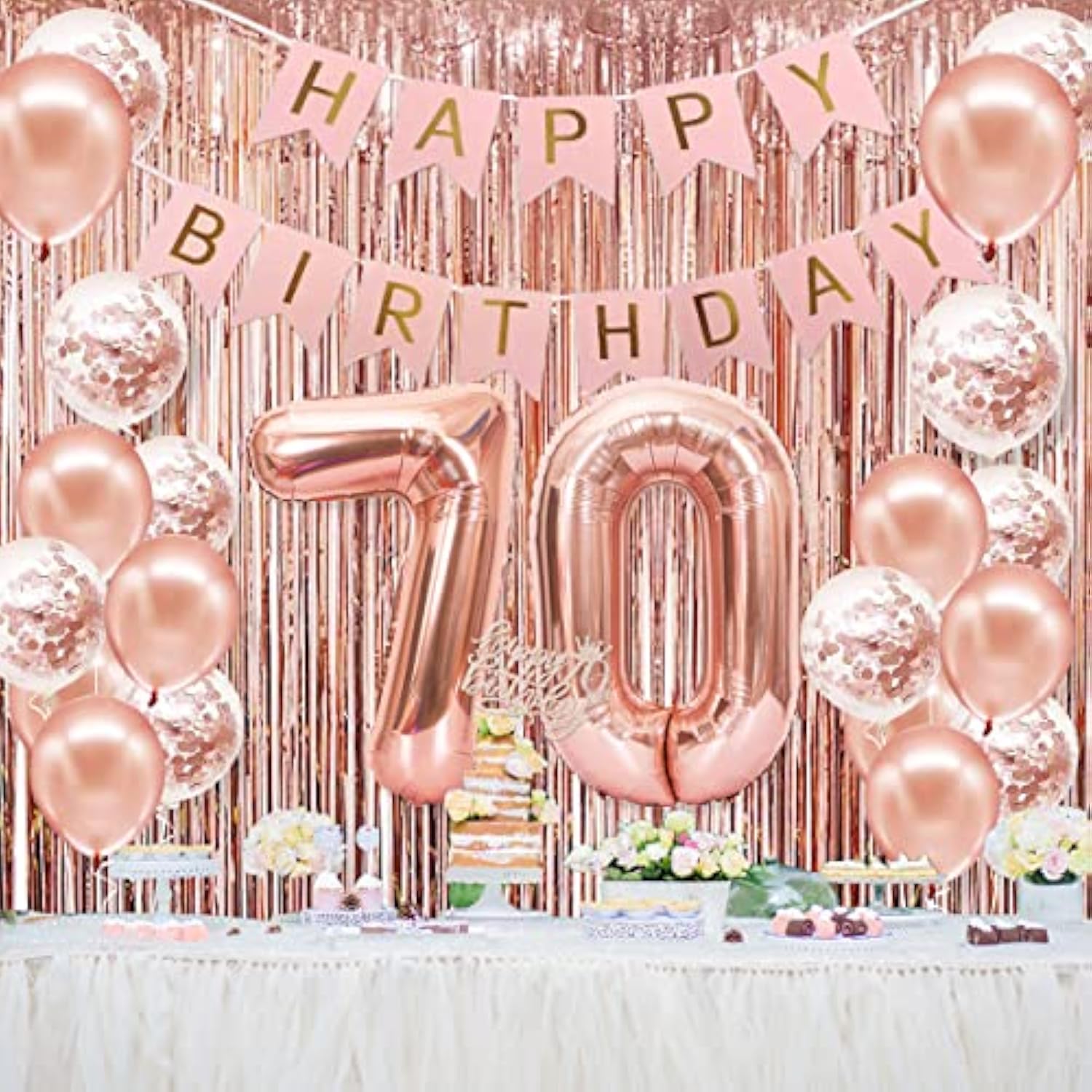 70Th Birthday Decorations For Women, Happy 70Th Birthday Banner, Crown, Sash, Cake Topper And Number Balloon, Rose Gold 70 Birthday Party Decorations Kit