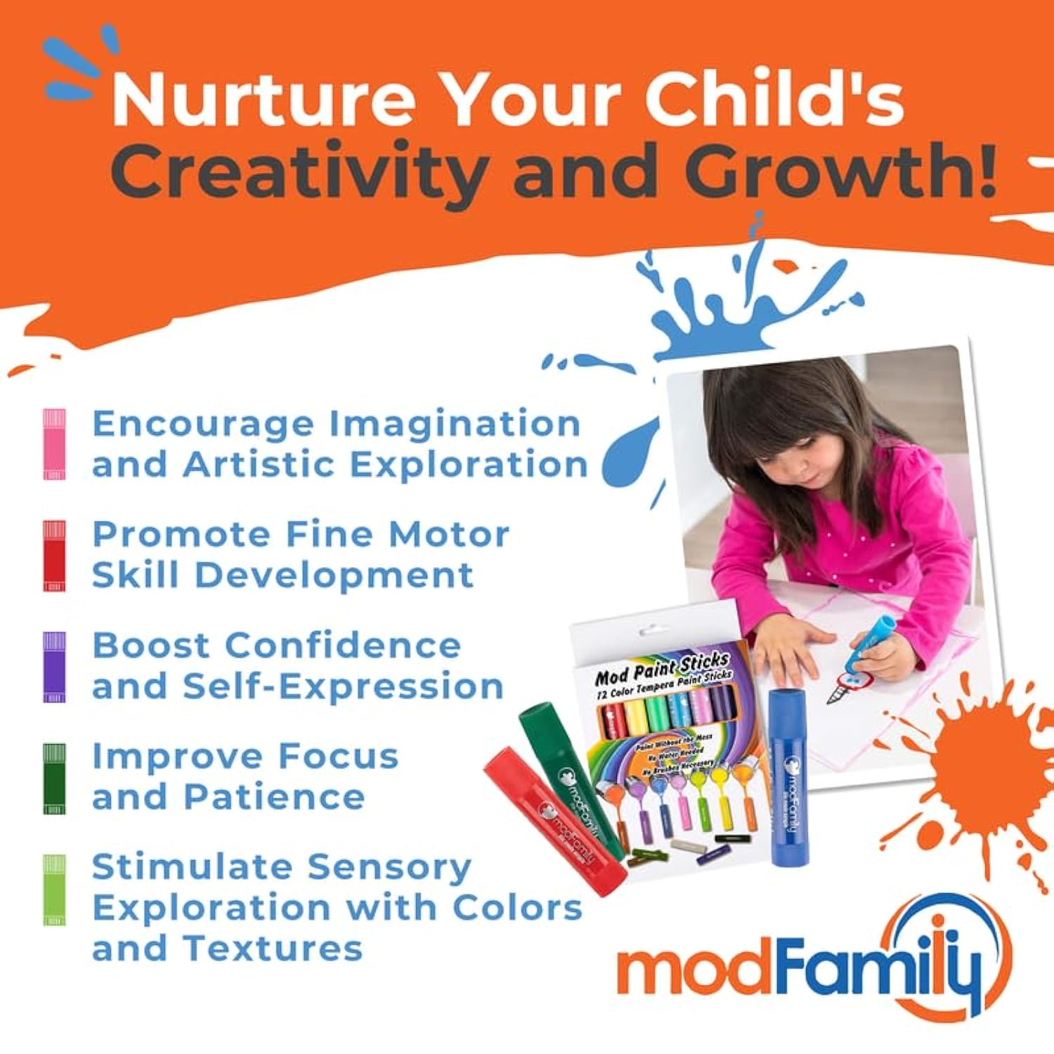 Mod Paint Sticks, 12 Pcs Washable Solid Tempera Paint For Kids, Non-Toxic Washable Quick Drying Markers For Kids By Modfamily