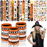 Halloween Party Favors For Kids, 72Pcs Rubber Wristbands Slap Bracelets Tattoo Stickers Goodie Bag Stuffers Trick Or Treat Toys For Halloween Decorations Supplies