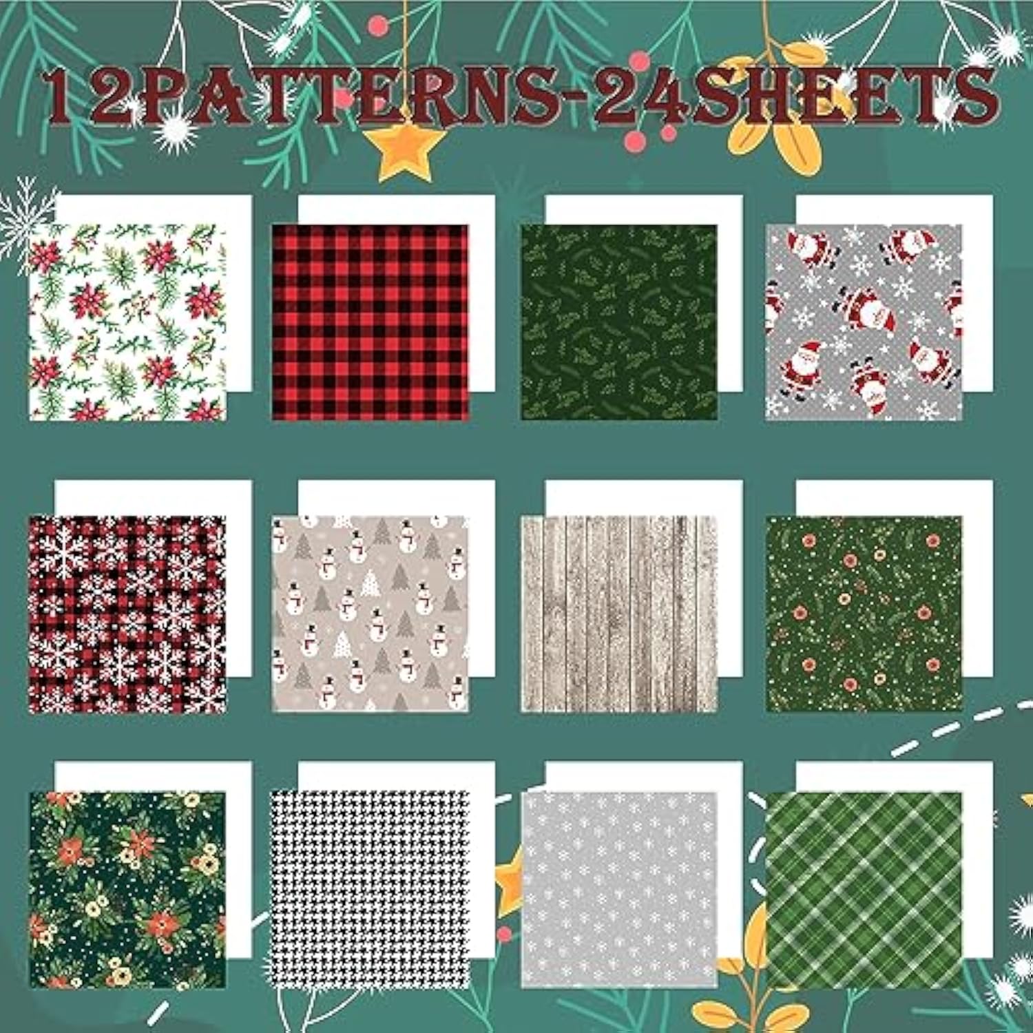 Christmas Pattern Scrapbook Paper, 6 Inch Card Production Supplies, 24 Sheets Single Sided Acid-Free Cardstock Greeting Card, Handmade Gift Journaling Craft Kits (C-Style)
