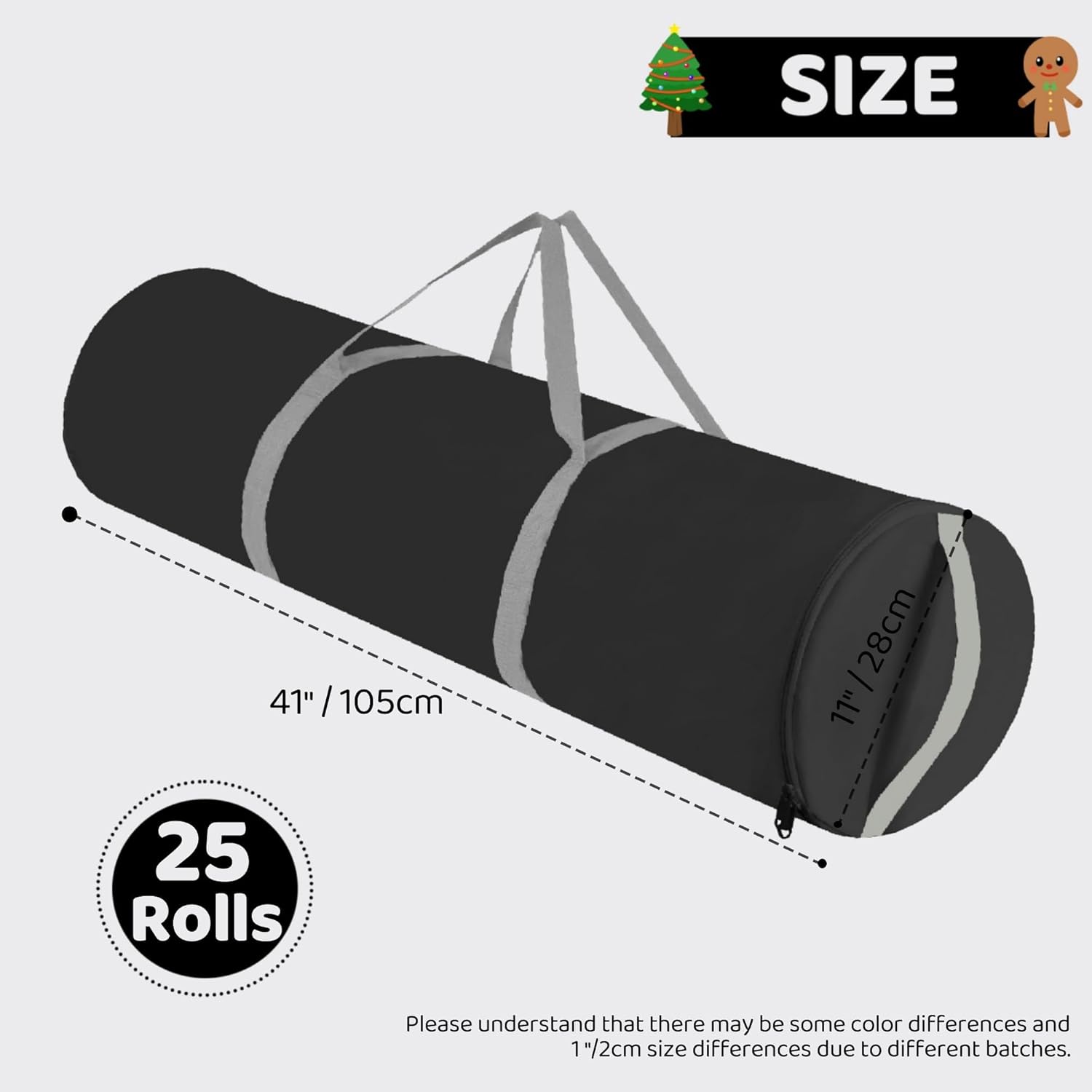 Christmas Wrapping Paper Organizer Storage, 41" Gift Wrapping Paper Storage Containers, 600D Oxford Fabric Gift Wrap Paper Holder Fits 18-25 Rolls, With Handles And Zippered, Black