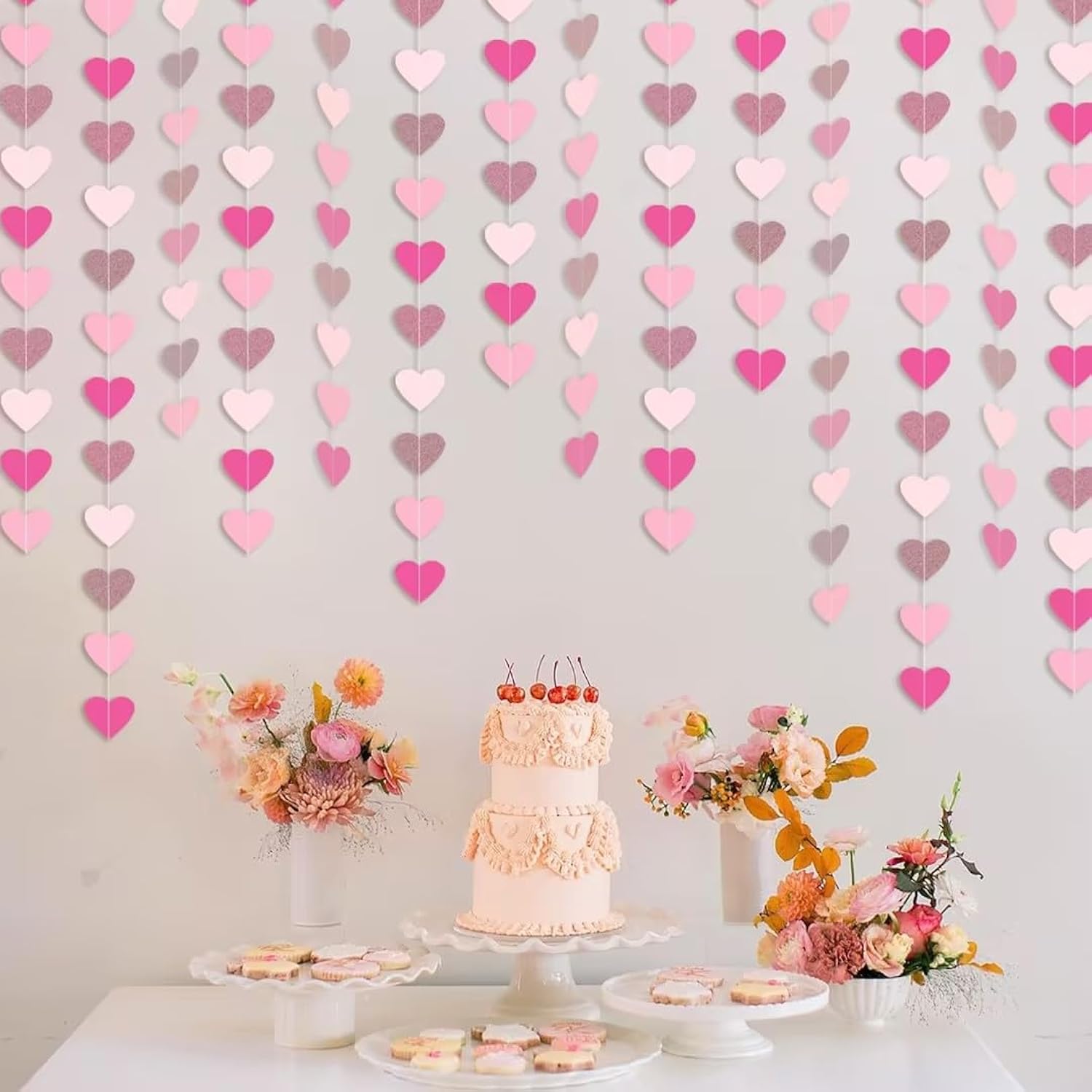 Hot-Pink Rose-Gold Heart Garland Hanging Decorations, 52 Feet, Hanging Streamers For Valentine, Wedding, Birthday Parties, Mother'S Day, Bridal Showersal, Bachelorette Party (Hot-Pink Rose-Gold)