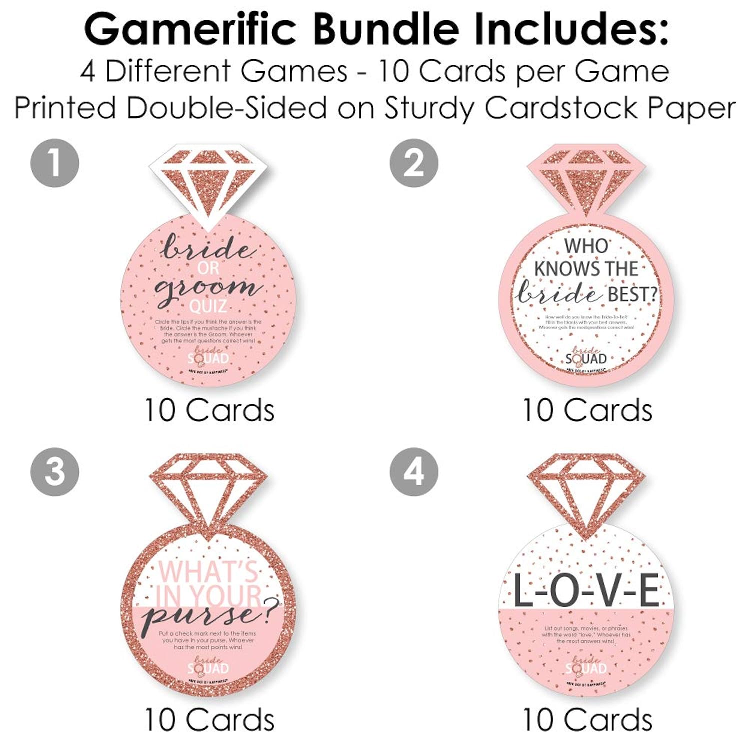 Big Dot of Happiness Bride Squad - 4 Rose Gold Bridal Shower or Bachelorette Party Games - 10 Cards Each - Gamerific Bundle