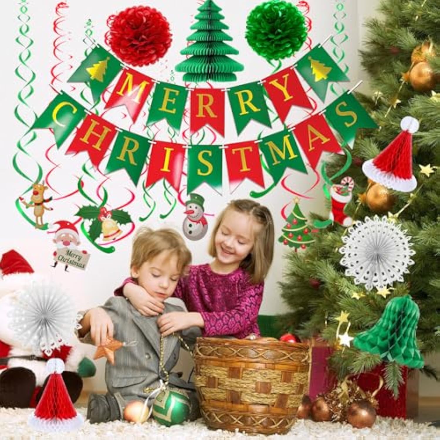 Merry Christmas Banner Pom Poms Paper Fans Tree Hat Streamers Decor