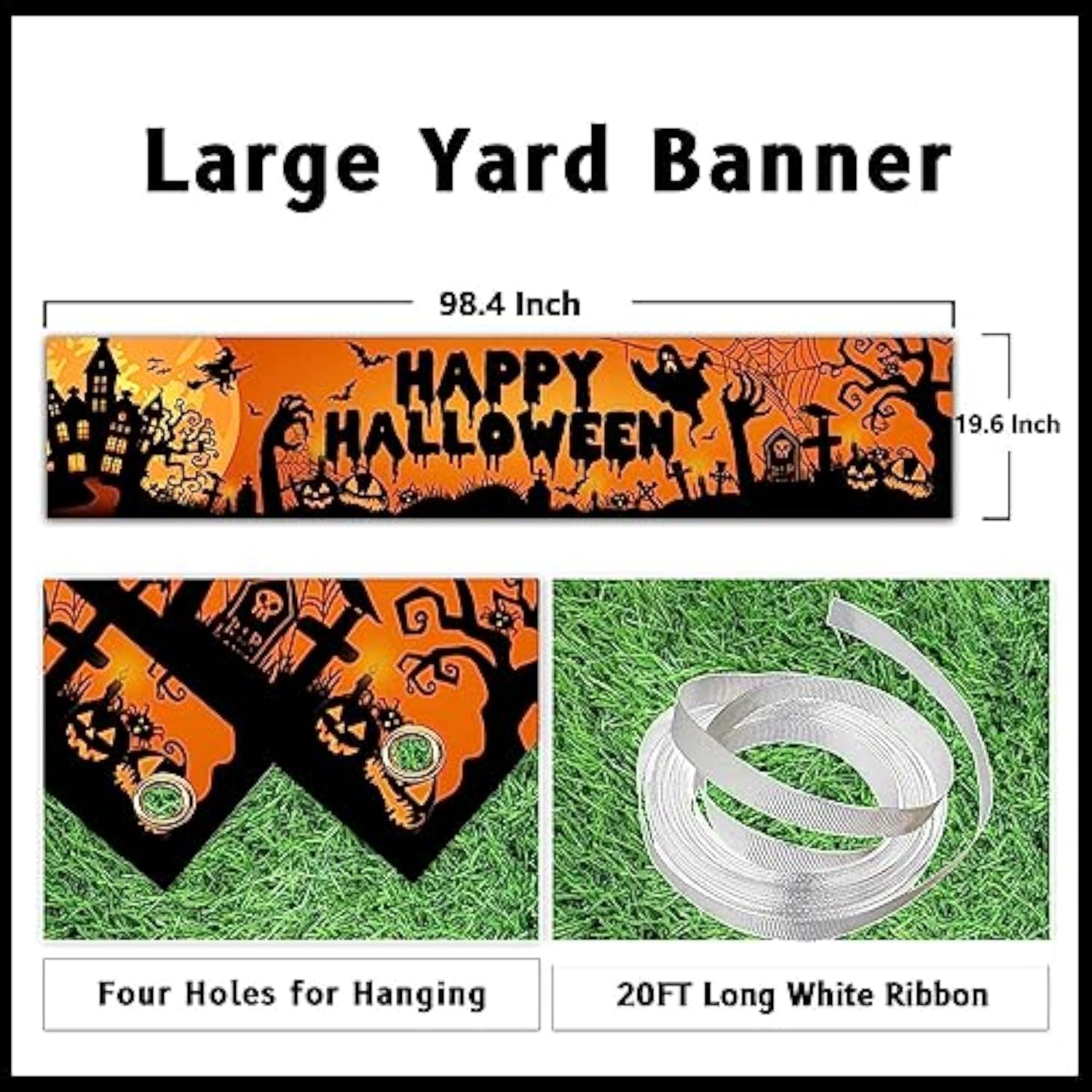 Happy Halloween Banner Large 98.4x19.6 Inch Black Orange Yard Sign Outdoor Decor