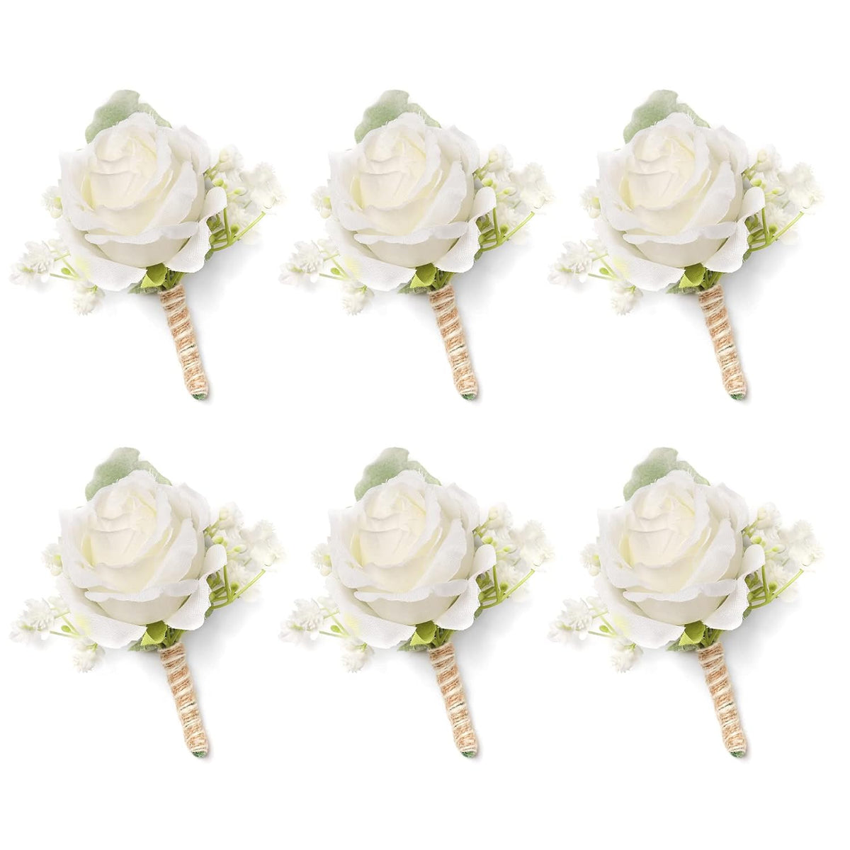 White Rose Boutonnieres For Men Wedding Ivory Baby'S Breath Boutonniere For Best Men Groom Groomsmen Wedding Prom Homecoming Set Of 6