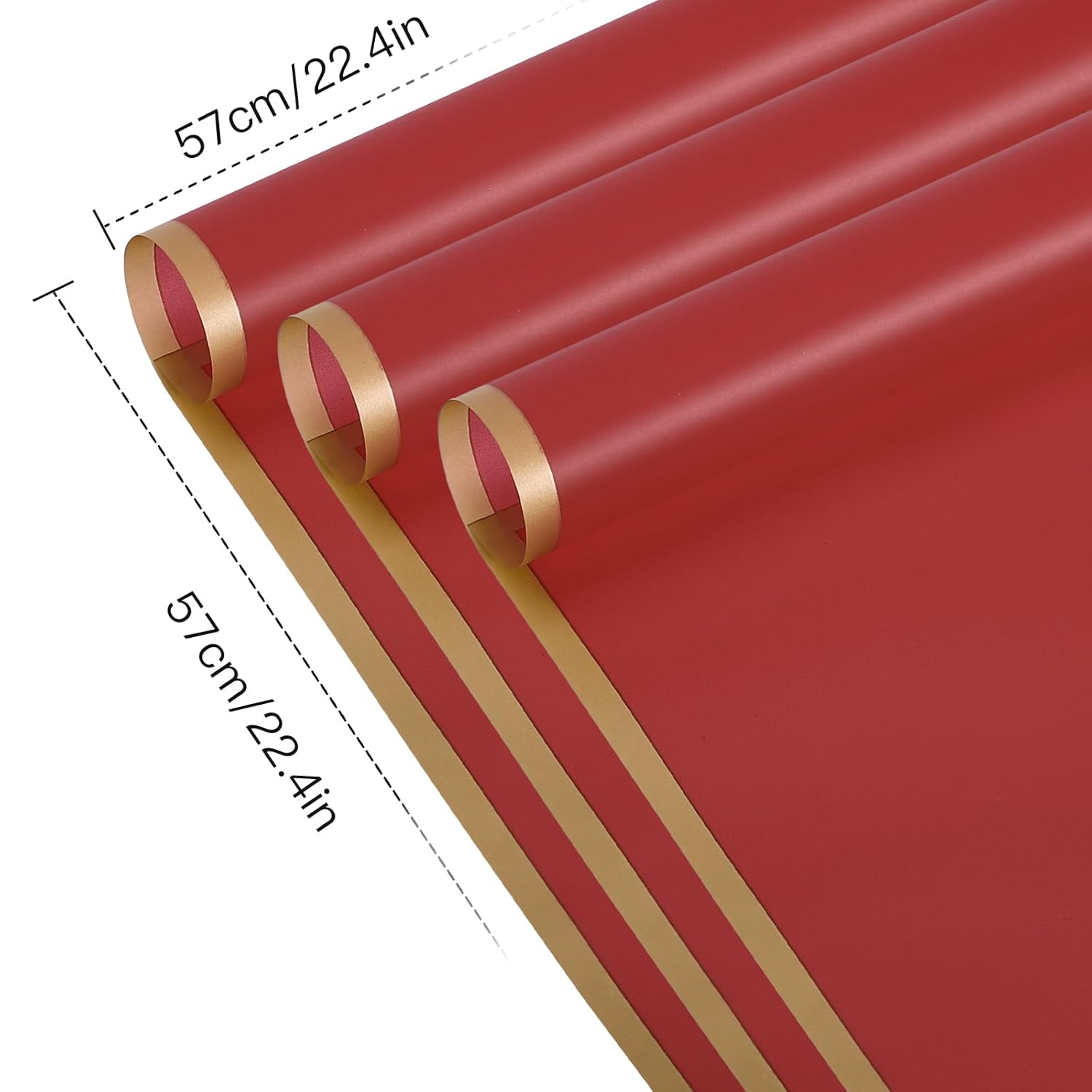 20 Sheets Flower Wrapping Paper - 22.4 X 22.4 Inch Gold Trim Red Water-Resistant Floral Bouquet Wrapping Paper, Florist Supplies Packaging Paper For Wedding Birthday Gift Diy