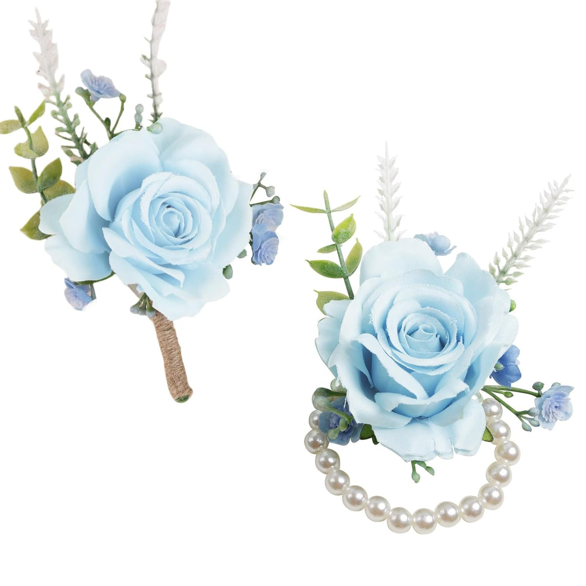 2Pcs Of Wrist Corsage And Boutonniere Set, Artificial Flowers Accessories Suit Decor For Wedding Prom Party Homecoming Ceremony, Blue
