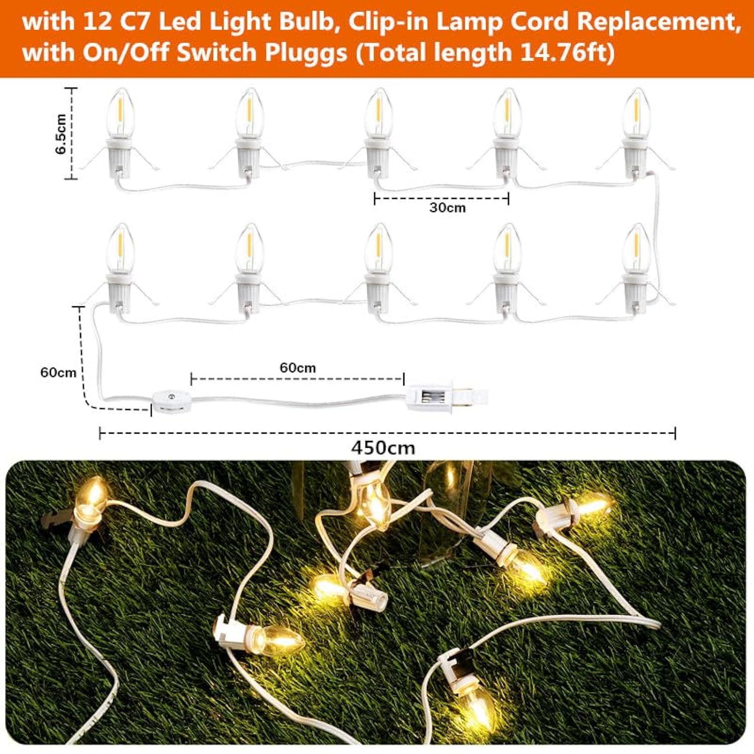 C7 Accessory Cord With 12 Led Light Bulbs And Outlet Christmas Village Light 14.76 Ft With Spare Fuse Warm White Lamp Fo