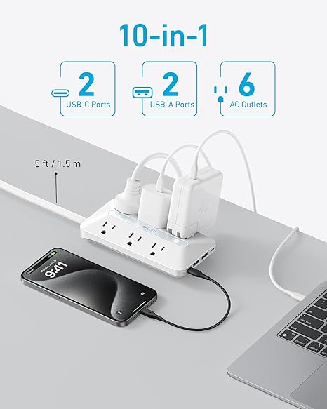 Surge Protector Power Strip with 6 Outlets 4 USB Ports 2 USB C 5FT Flat Plug Extension Cord 300J