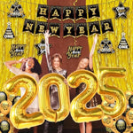 , New Years Eve Party Supplies 2025 - Huge, Set Of 32 | Gold Fringe, Black And Gold Happy New Year Banner, 2025 Balloon Numbers | New Year Foil Balloons, New Years Swirls | Nye Decorations 2025