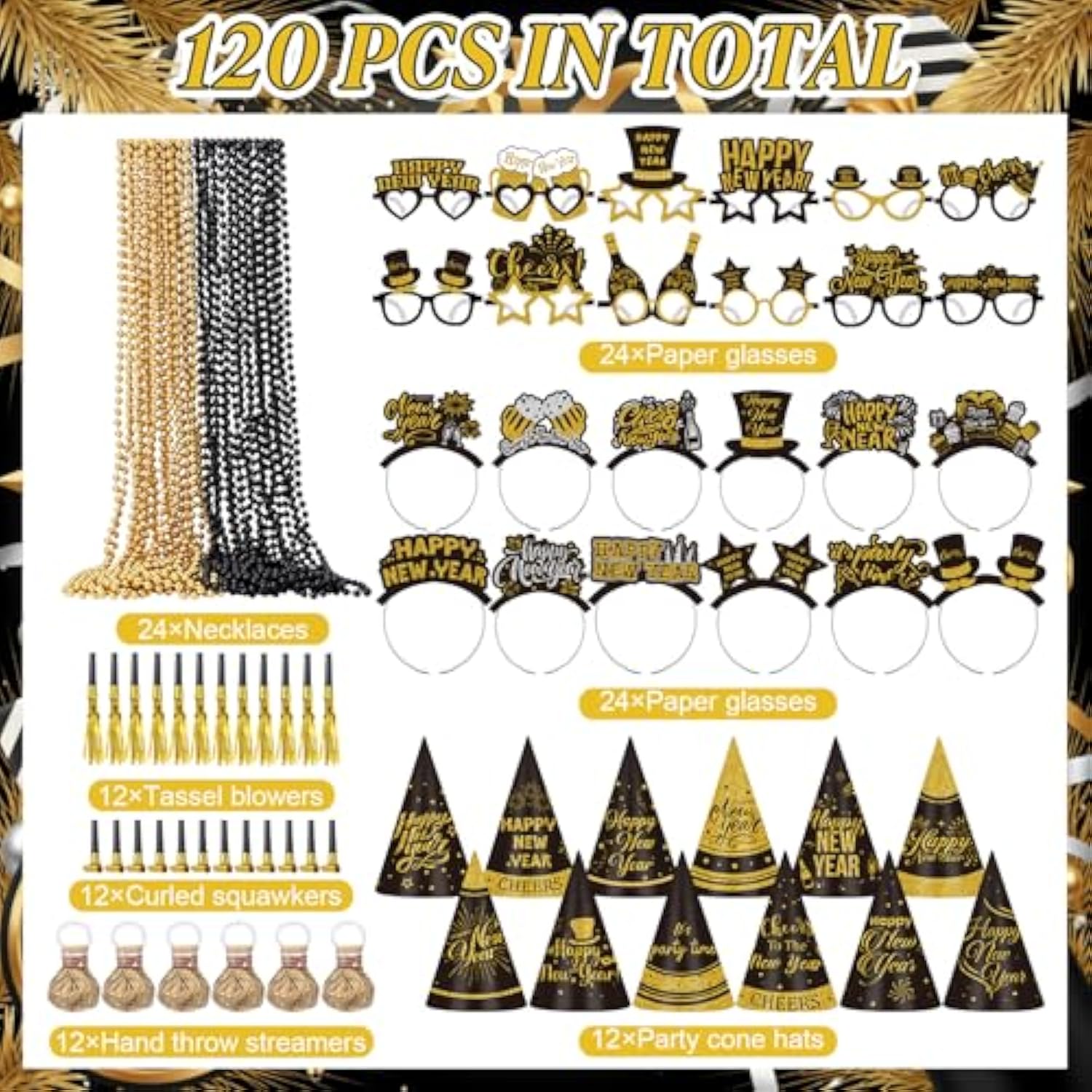 120pc 2026 New Year Party Set for 24 Hats, Props, Sunglasses & Streamers