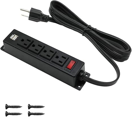 Mountable Power Strip Wall Mount Under Cabinet 4 AC Outlet 2 USB 6.56FT Cord