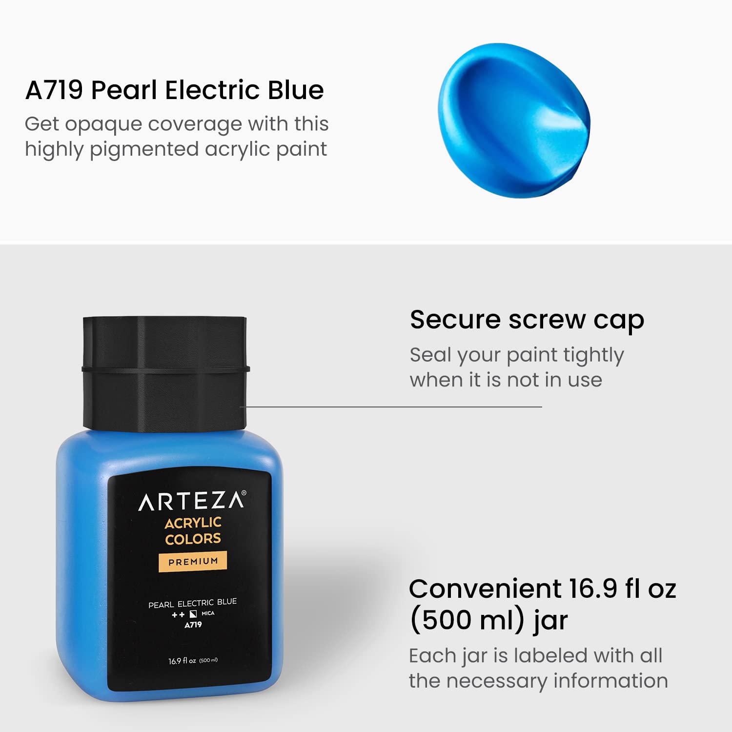 Acrylic Paint, A719 Pearl Electric Blue, 16.9 Fl Oz, 500Ml Jar, Opaque, Quick-Drying, Acrylic Paints For Painting On Canvas