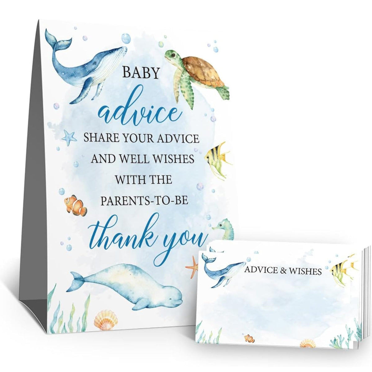 Baby Shower Advice Cards Sign For Parents To Be(1 Standing Sign-50 Guessing Cards) Sea Turtle Seahorse Fish Whale Advice For New Parents Baby Shower, Wishes For Baby Cards Party Activities Game-43