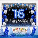 Happy 16Th Birthday Backdrop Banner Blue Black Theme Background With Blue Neon Light Shiny Fashion Birthday Party Photo Photography Prop Booth Background For Boys Girls Celebration 70.8X47.2In-