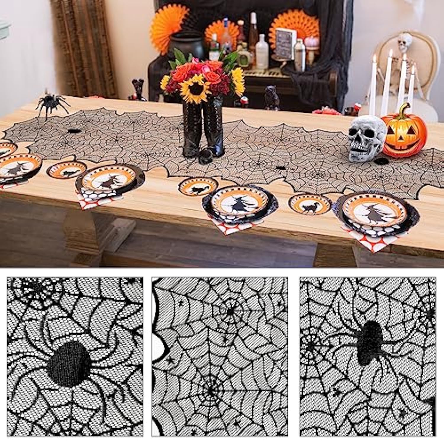 Halloween Decorations Indoor Set with Banner Hanging Swirls Table Runner Mantel Scarf Bats