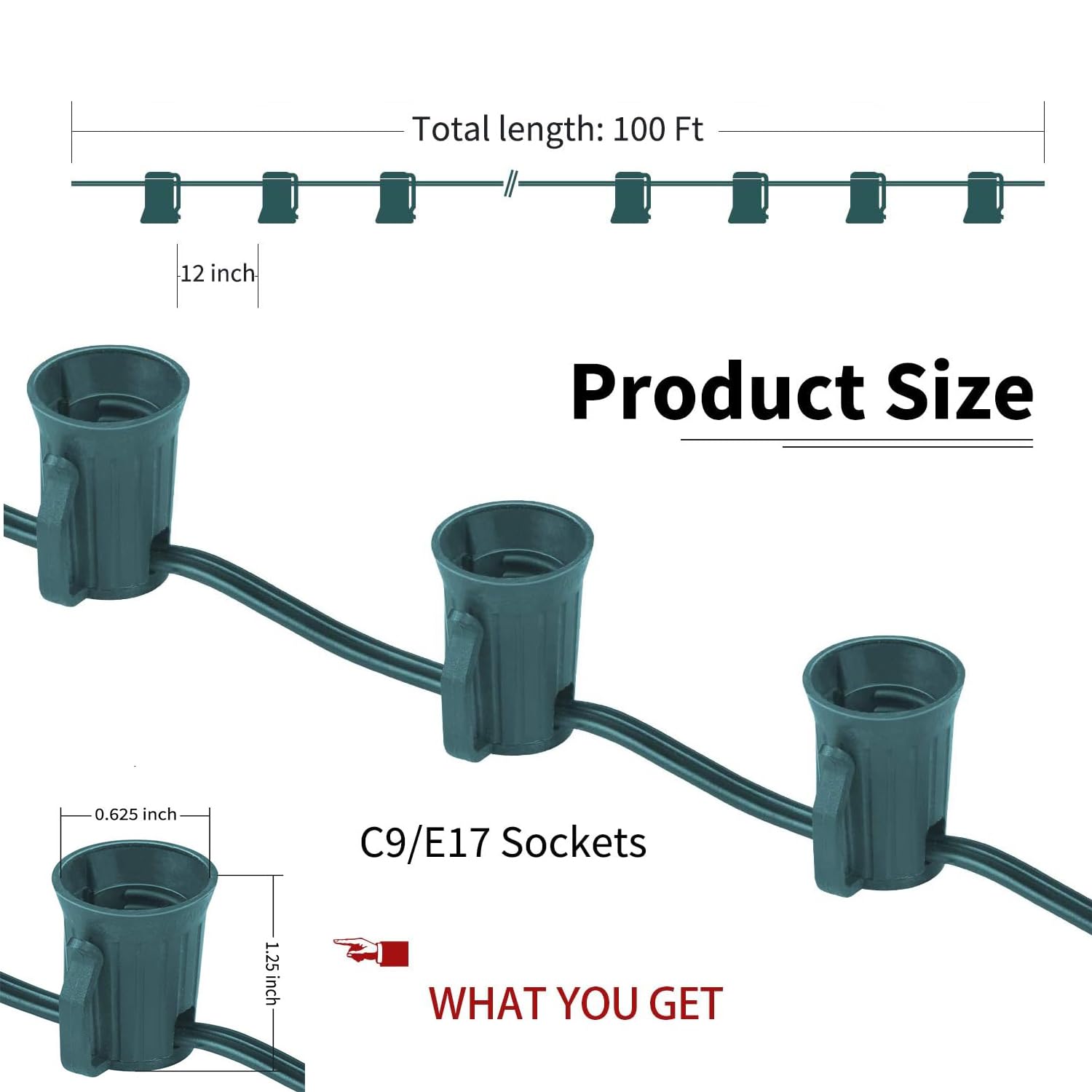 C9 Light Strand 100 Ft For E17 Socket-12’’ Spacing, Christmas Light Stringer With 100 Sockets For Indoor Outdoor Wedding