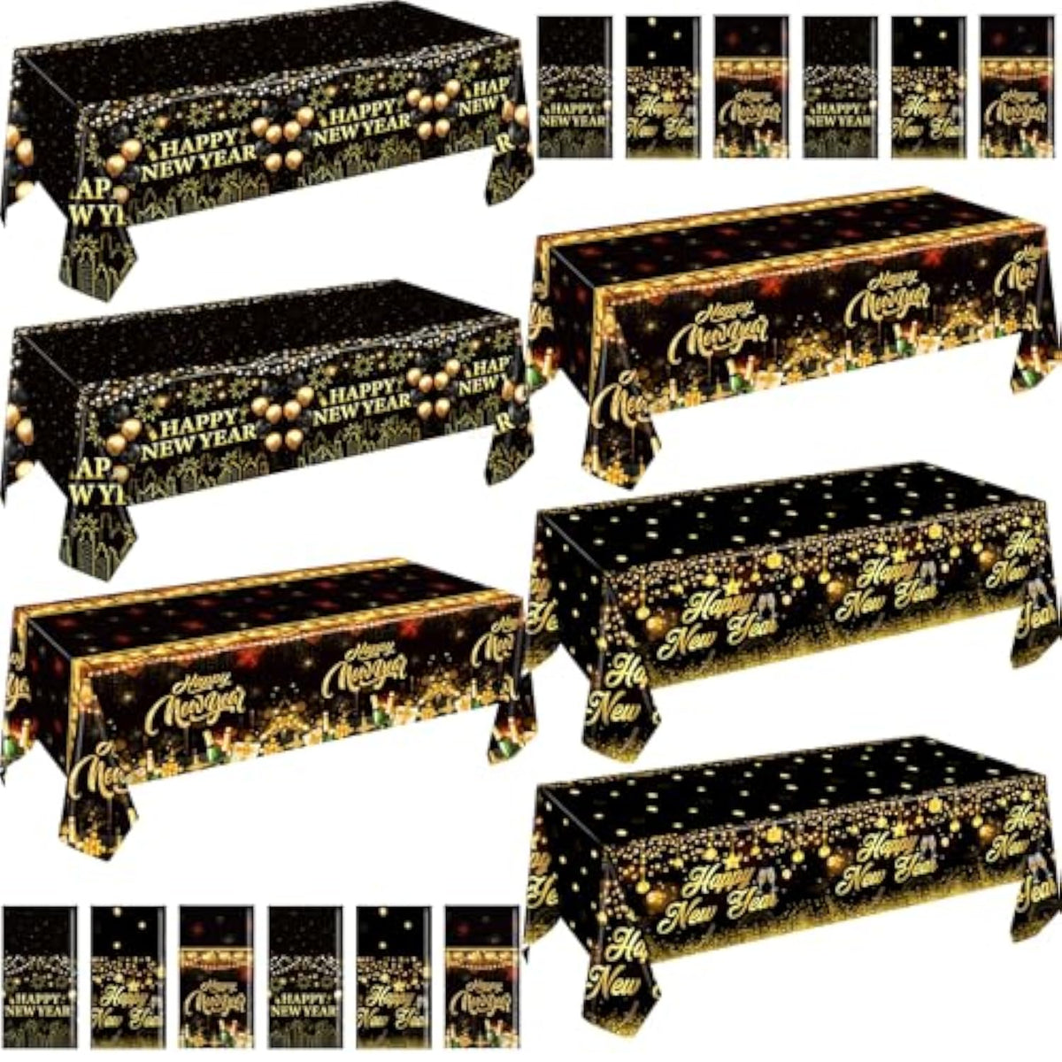 12pcs Black Gold Happy New Year Tablecloth 54x108in 2026 Party Decor
