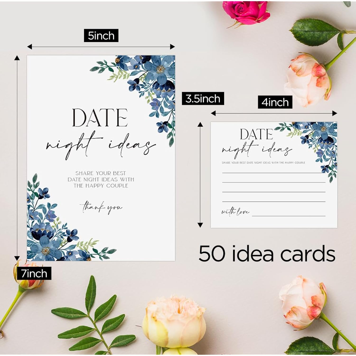 Date Night Ideas For Bridal Shower (One Sign + 50 Ideas Cards), Wedding Games 50 Guests, Bridal Shower Games, Blue Floral Bridal Shower Sign,Something Blue Before I Do Decoration -Dn18