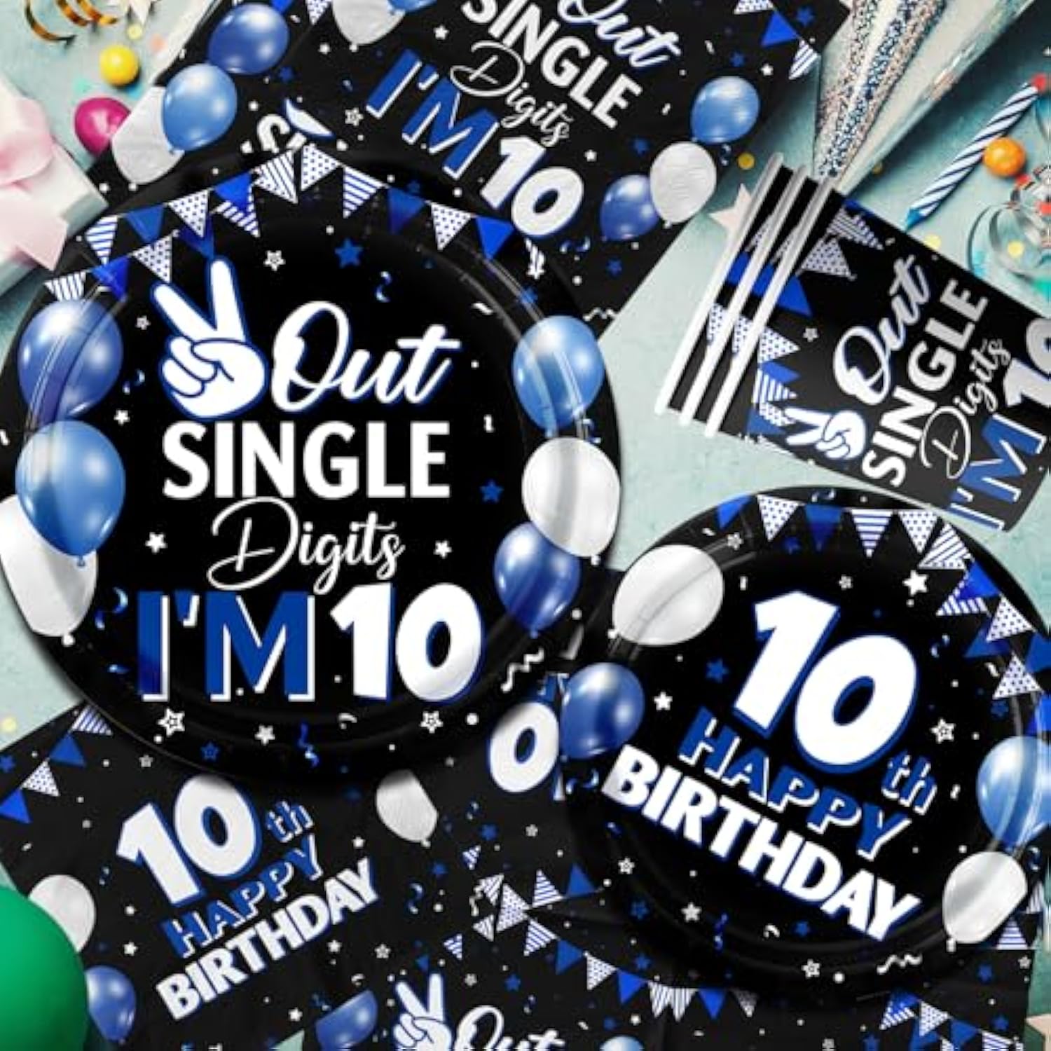 142Pcs 10Th Birthday Decorations For Boys,10 Year Old Birthday Decorations Tableware Double Digits Birthday Boy Plates And Napkins Cups Tablecloth For Boys Birthday Party Decorations