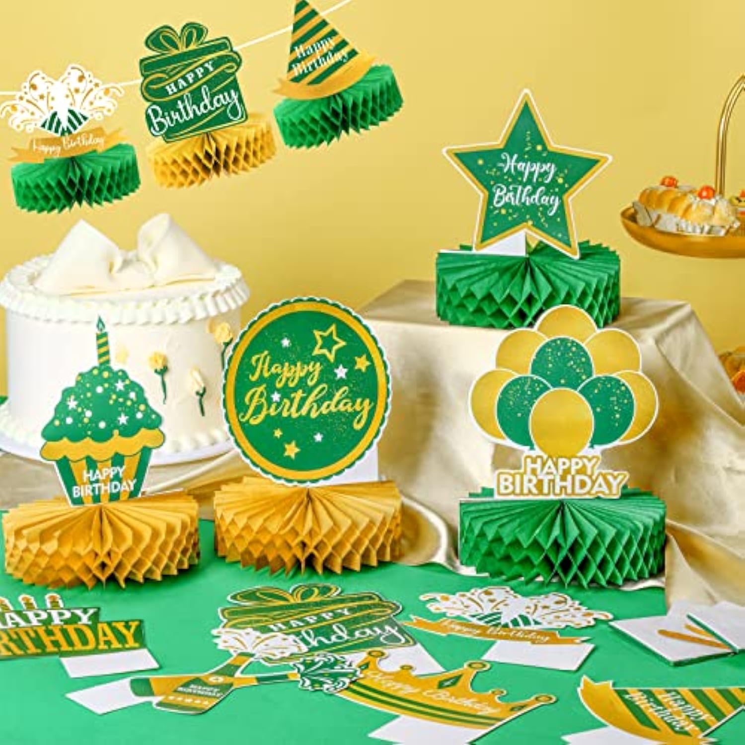12 Pieces Green And Gold Happy Birthday Decoration Green Gold Honeycom