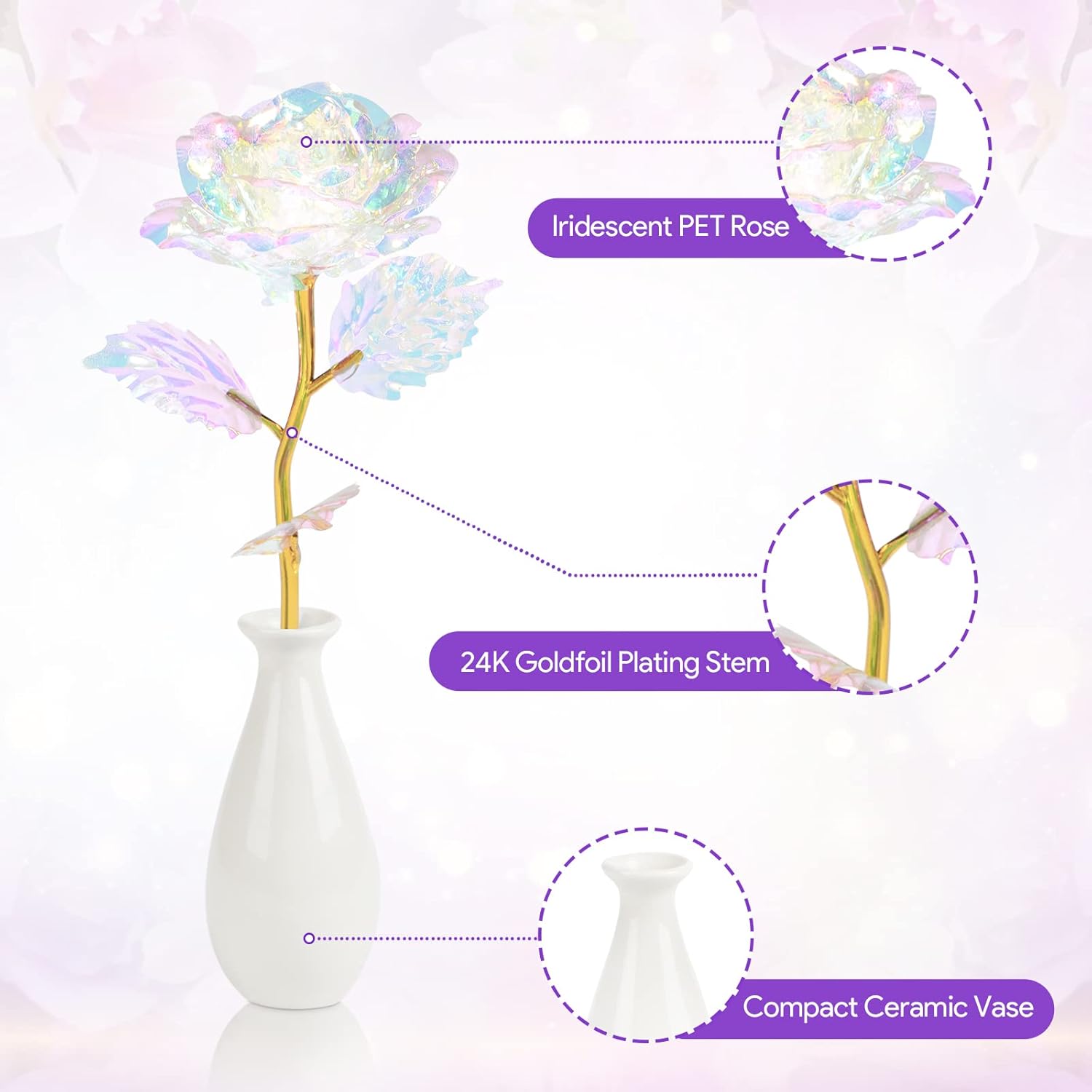 Rainbow Artificial Rose Flower Valentines Day Gifts For Mom With Gold Foil Stem&Ceramic Vase Gifts For Her,Girlfriend, Rose Gifts For Women, Wife, Unique Gifts For Birthday Anniversary Mother'S Day