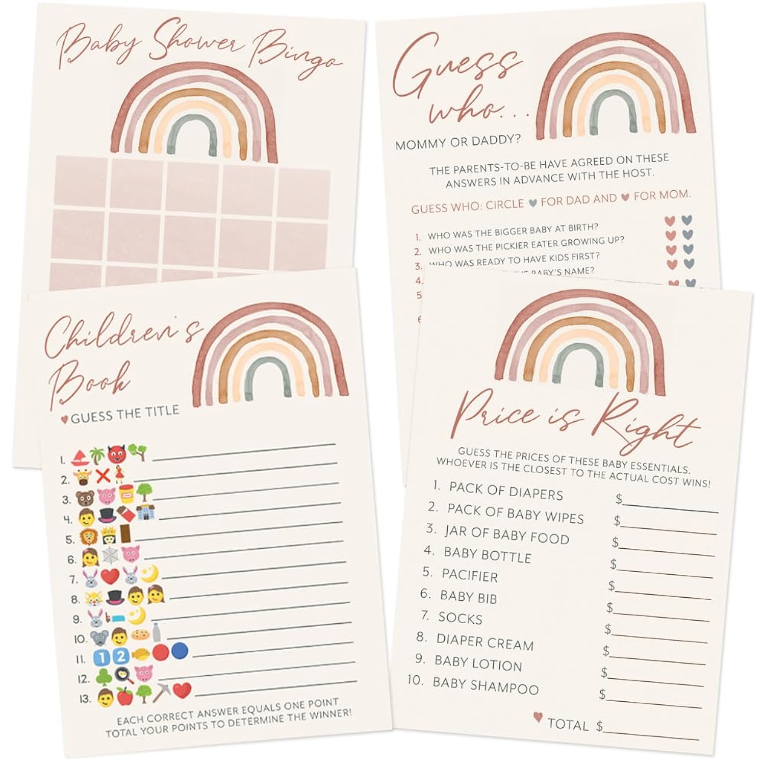 Baby Shower Game Set – 4 Games & Activities For 30 Guests, Includes Bingo, Price Is Right, Storybook Title Guessing, And Mommy Or Daddy Trivia, Boho Rainbow Theme For Baby Girl