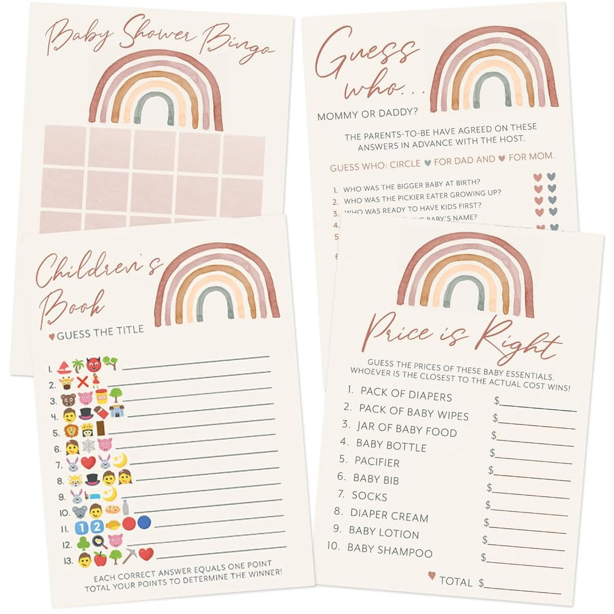 Baby Shower Game Set – 4 Games & Activities For 30 Guests, Includes Bingo, Price Is Right, Storybook Title Guessing, And Mommy Or Daddy Trivia, Boho Rainbow Theme For Baby Girl