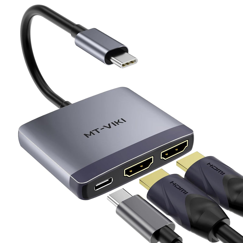 Usb C To Dual Hdmi Adapter 4K @60Hz, 3 In 1 Usb C Splitter With 65W Pd Charger