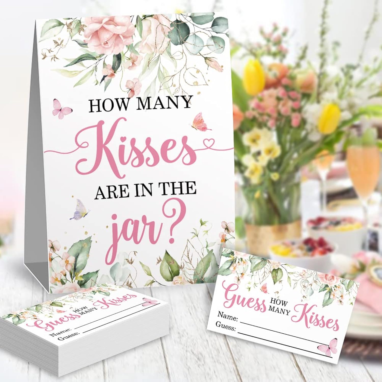 Guess How Many Kisses In The Jar Bridal Shower Game, Wedding Shower Games, Bridal Shower Sign, Baby Shower Sign, Bridal Party Decorations, Floral Bridal Party Idea, 1 Sign & 50 Cards Set