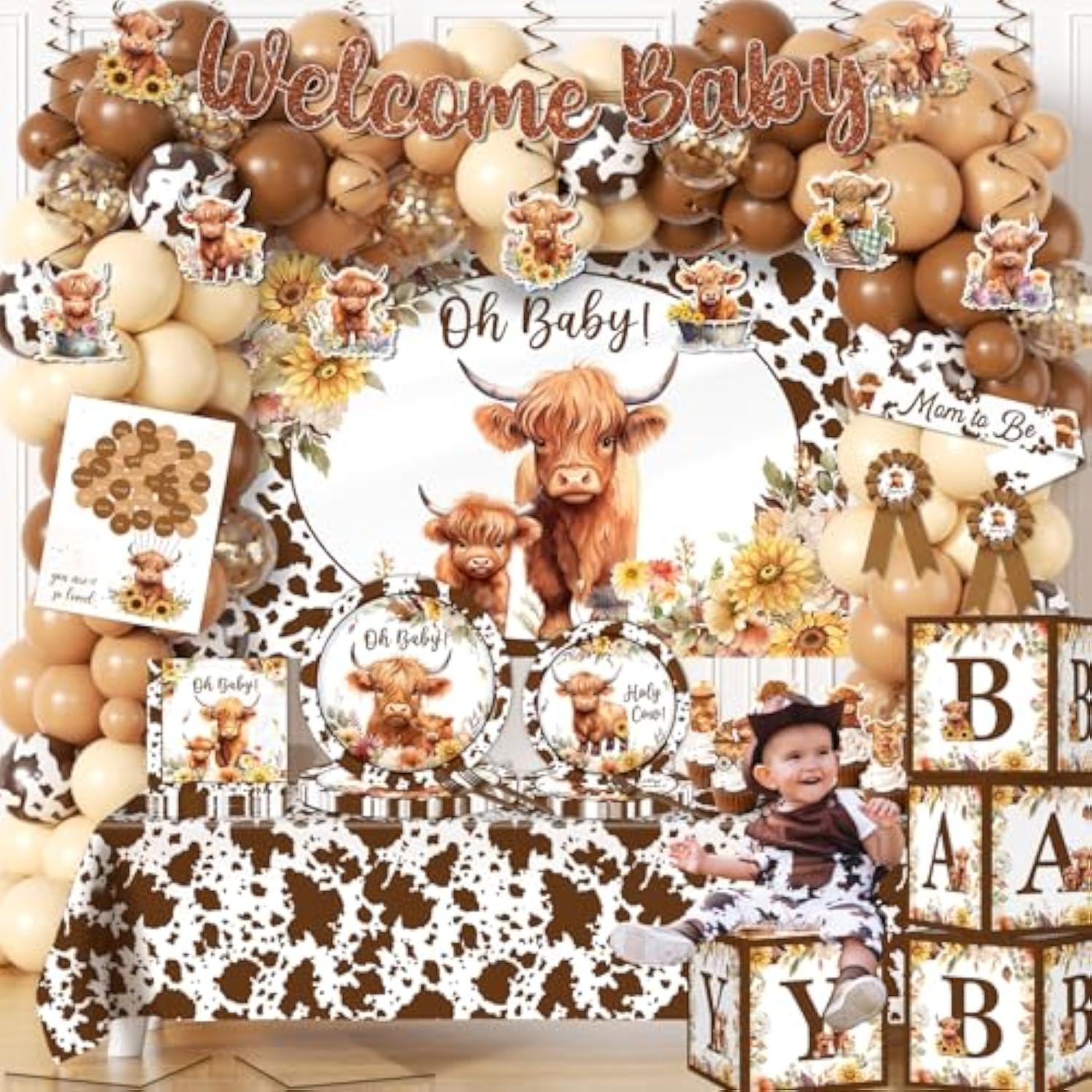 Highland Cow Baby Shower Decorations Include Brown Holy Cow Print Plates And Napkins, Banners, Cake Topper, Tablecloth, Balloon, Highland Cow Birthday Decorations For Boy Baby Shower Cow Themed Party