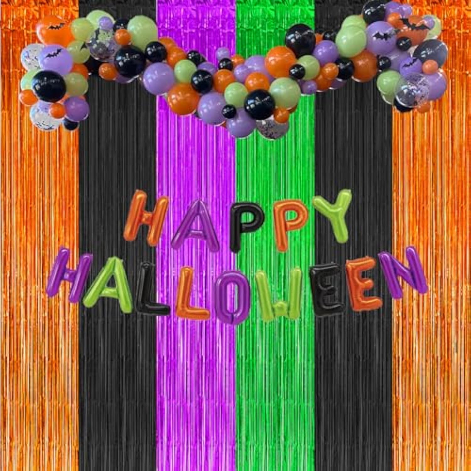 3 Pack Halloween Foil Fringe Curtains Backdrop Black Orange Purple Green Decor