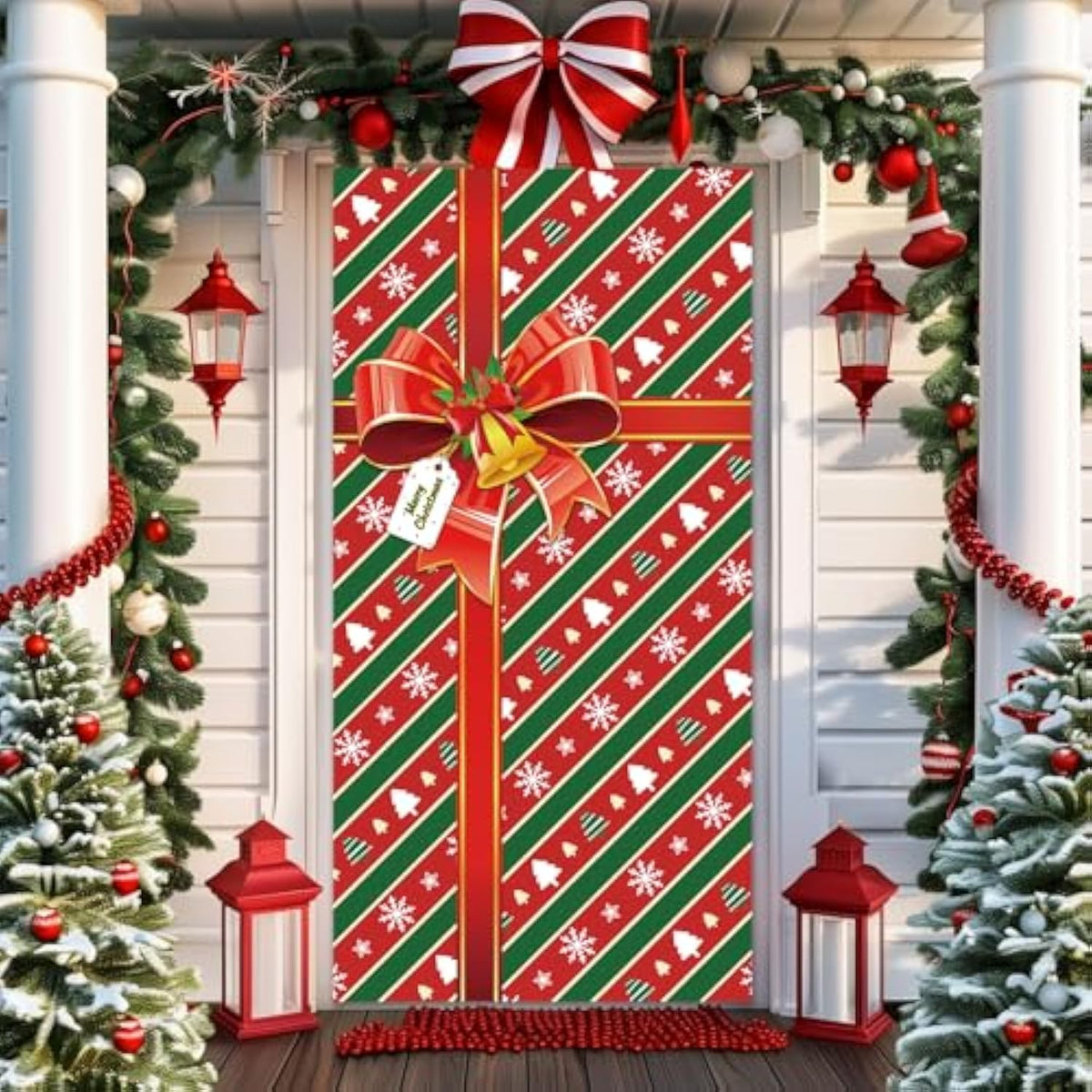 Christmas Door Cover Red Gift Box Merry Christmas Door Cover Banner Photography Background For Winter Xmas Holiday Party Decor, 71 X 35 Inches