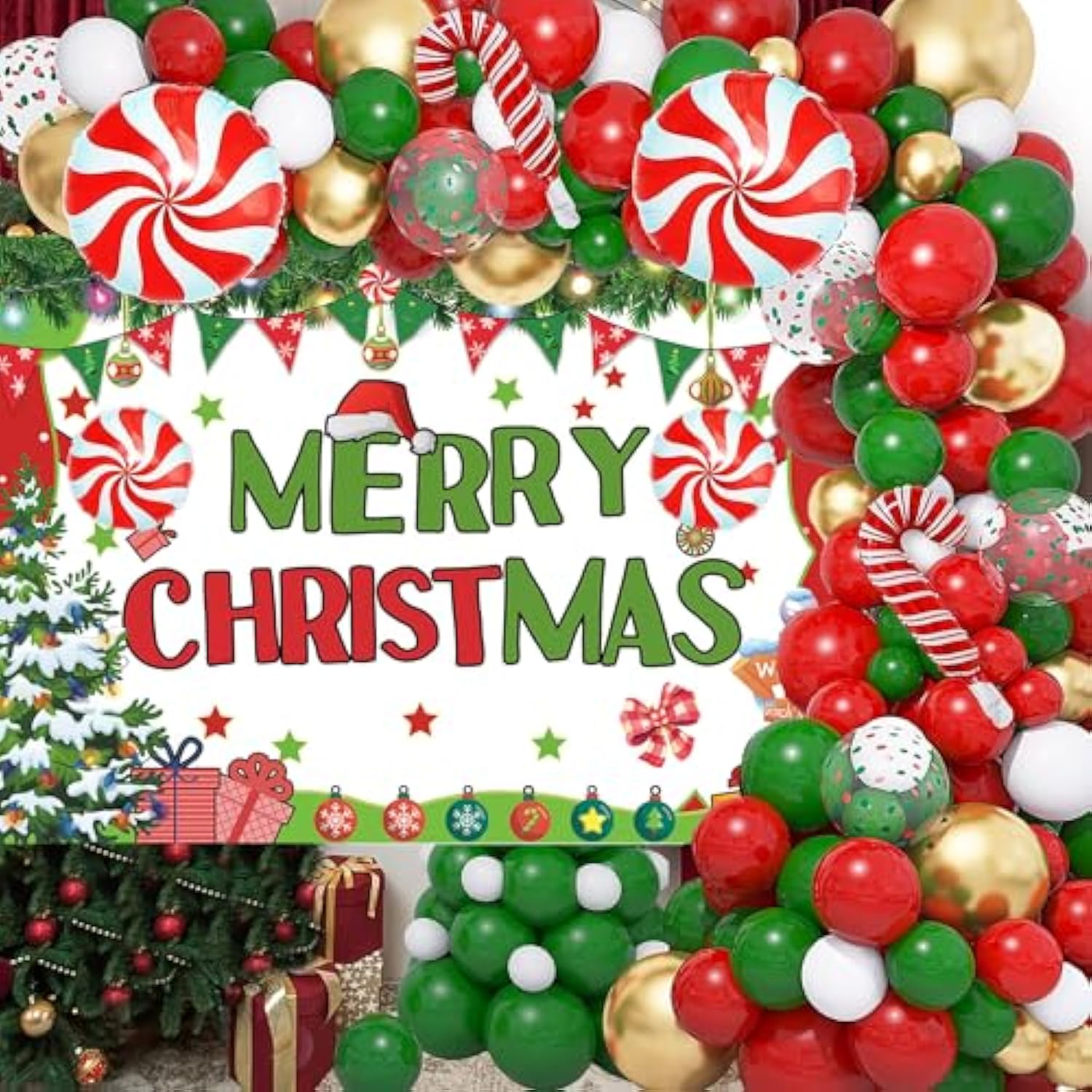 Christmas Party Decorations Set,With Red Green Balloon Garland Arch Kit ,Merry Christmas Backdrop Banner ,Candy Cane Foil Balloons For Xmas Party Decorations