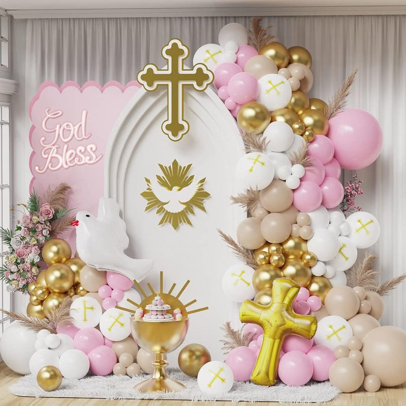 First Communion Pink Balloon Garland Arch Kit, Girl Baptism Christenin