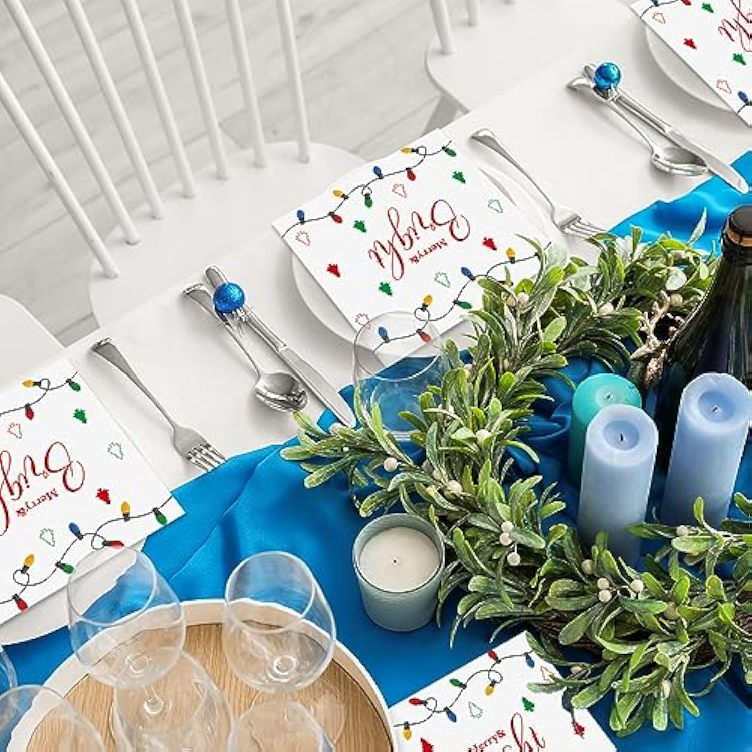 50Pcs Christmas Guest Paper Napkins 3 Ply Disposable Paper Merry Christmas Colorful Bright Light String Hand Dinner Napkins Xmas Beverage Disposable Napkins For Winter Holiday Party