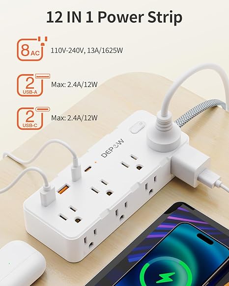 Surge Protector Power Strip 8 Outlets 4 USB Ports 2 USB C 5FT Braided Extension Cord White