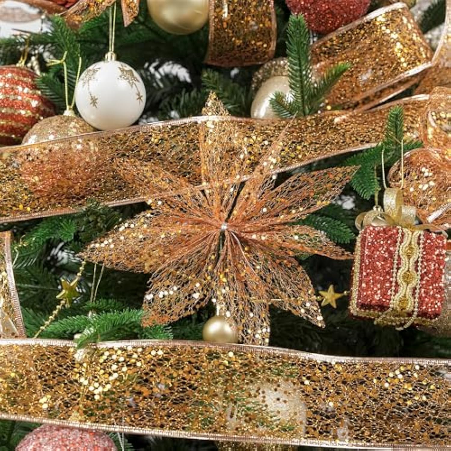 Glitter Wire Mesh Ribbon With Sparkle - Wired 2.5 Inch Burnt Orange Ribbon For Christmas Tree Decoration, Wreath Bow Making (25 Yards)