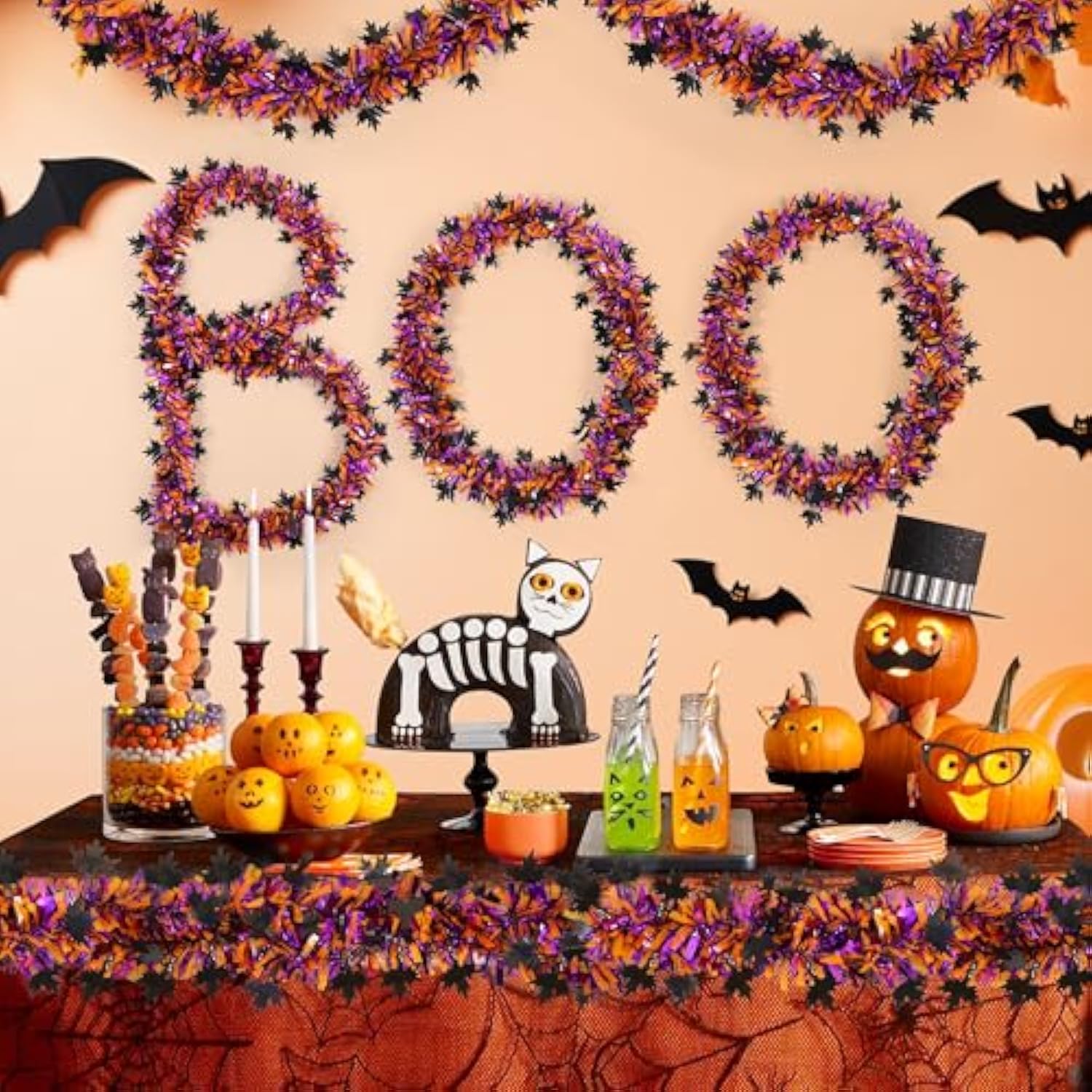50Ft Halloween Tinsel Garland - Orange & Purple Metallic with Black Maple Leaves for Party Decor