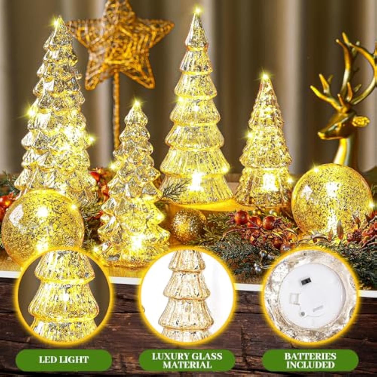 6 Pcs Gold Mercury Glass Christmas Tree For Tabletop Light Up Figurine Christmas Tree Mercury Cracked Glass Globe With Light For Xmas Decor Home Party Centerpiece Mantel Gift