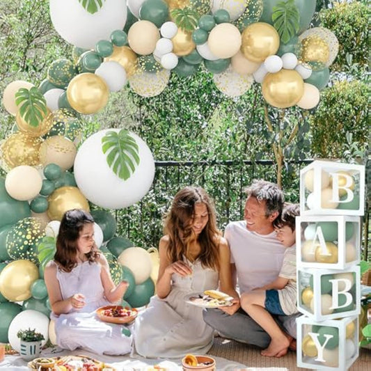 Sage Green Baby Shower Decorations - 4Pcs Baby Boxes With Letters For Boy Girl, Sage Green And White Balloon Arch Kit Decor, Woodland Birthday Party Decorations 117Pcs