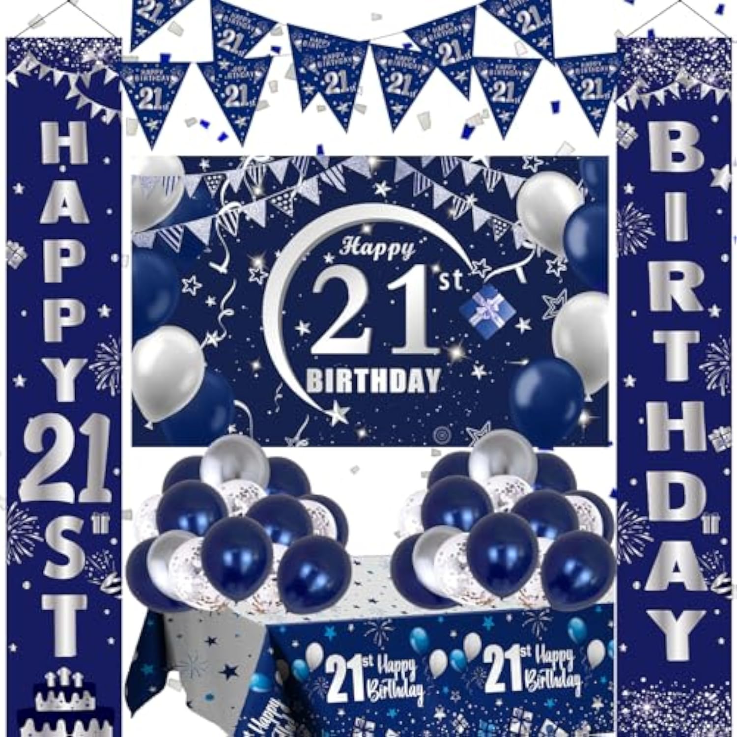 21St Birthday Decorations For Men And Women Blue, Happy 21St Birthday Door Backdrop Banner Balloons 21 Years Old Birthday Porch Sign Party Supplies With Latex Balloons Decor 21St Bday Boy Her Him
