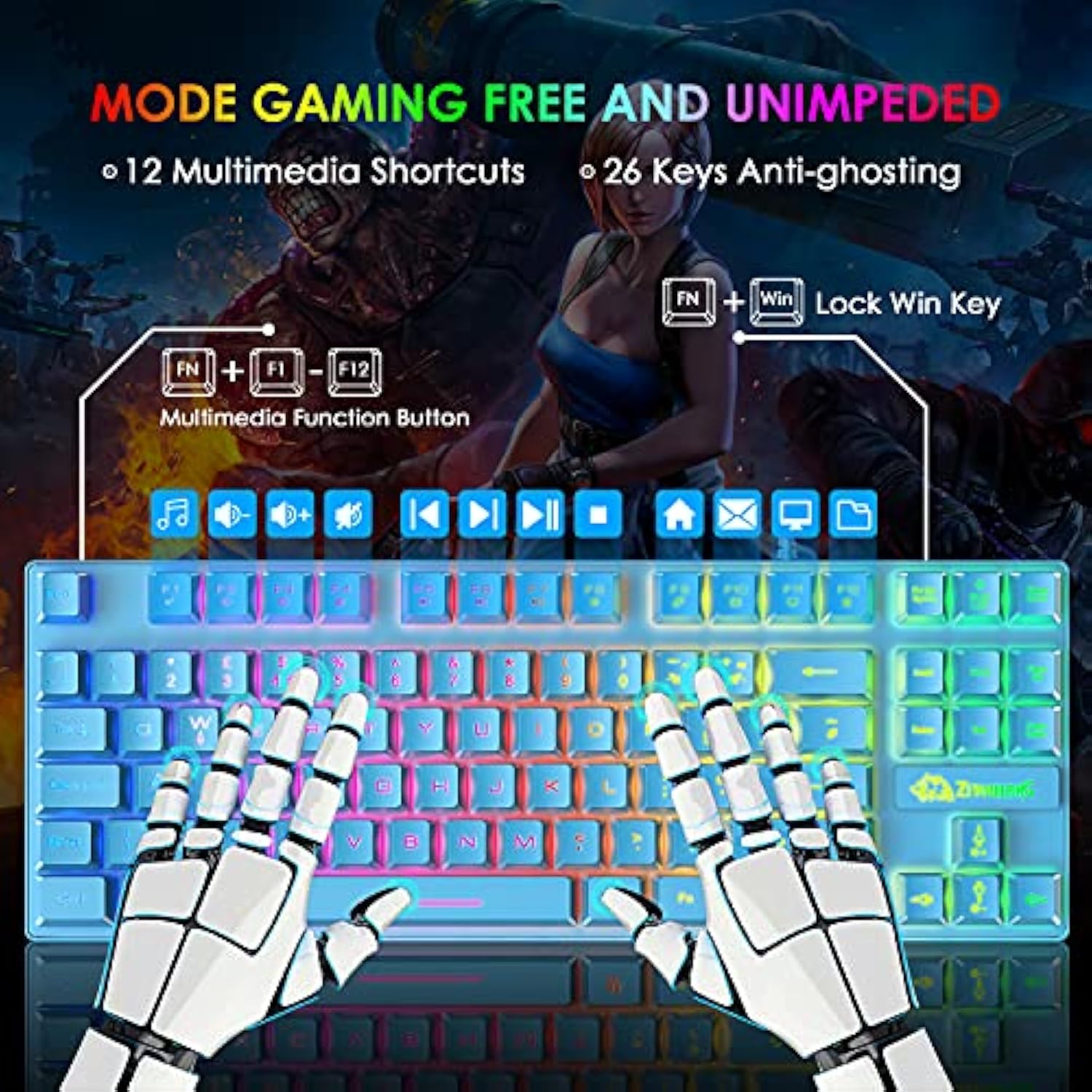 Gaming Keyboard and Mouse Combo,88 Keys Compact Rainbow Backlit Mechanical Feel Keyboard,RGB Backlit 6400 DPI Lightweight Gaming Mouse with Honeycomb Shell for Windows PC Gamers (Blue)