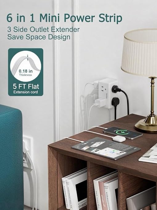 2 Pack 5FT Flat Plug Power Strip 6 Wide Outlets 3-Side White No Surge