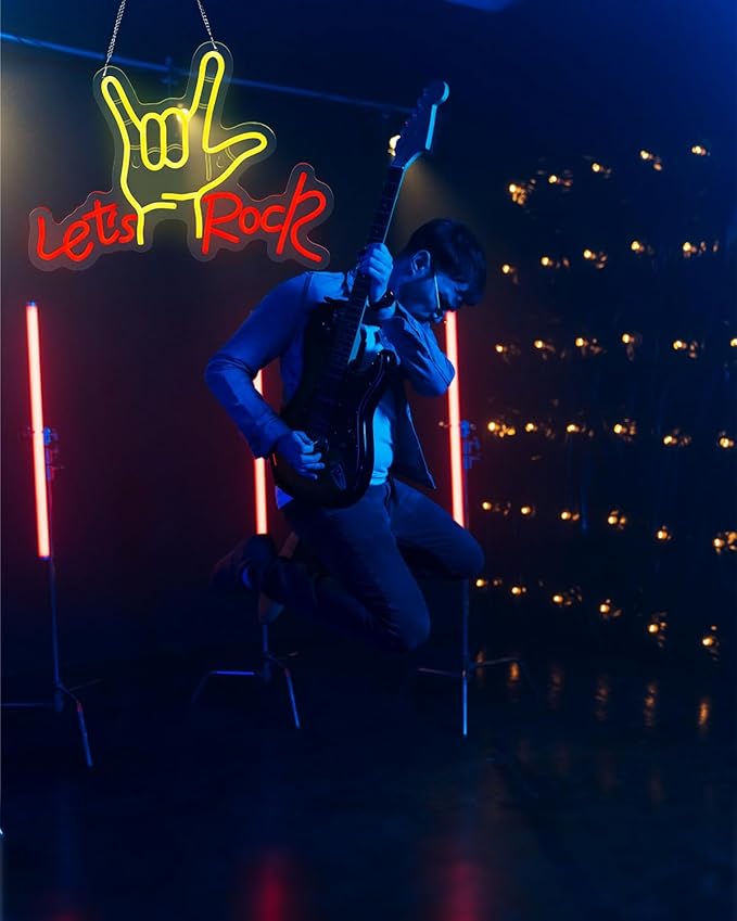 Let’s Rock Hand Neon Sign LED Dimmable USB Wall Light for Bar Man Cave Garage Decor