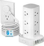 Tower Surge Protector Power Strip 12 Outlets 4 USB Ports 6FT Flat Extension Cord Charging Station White